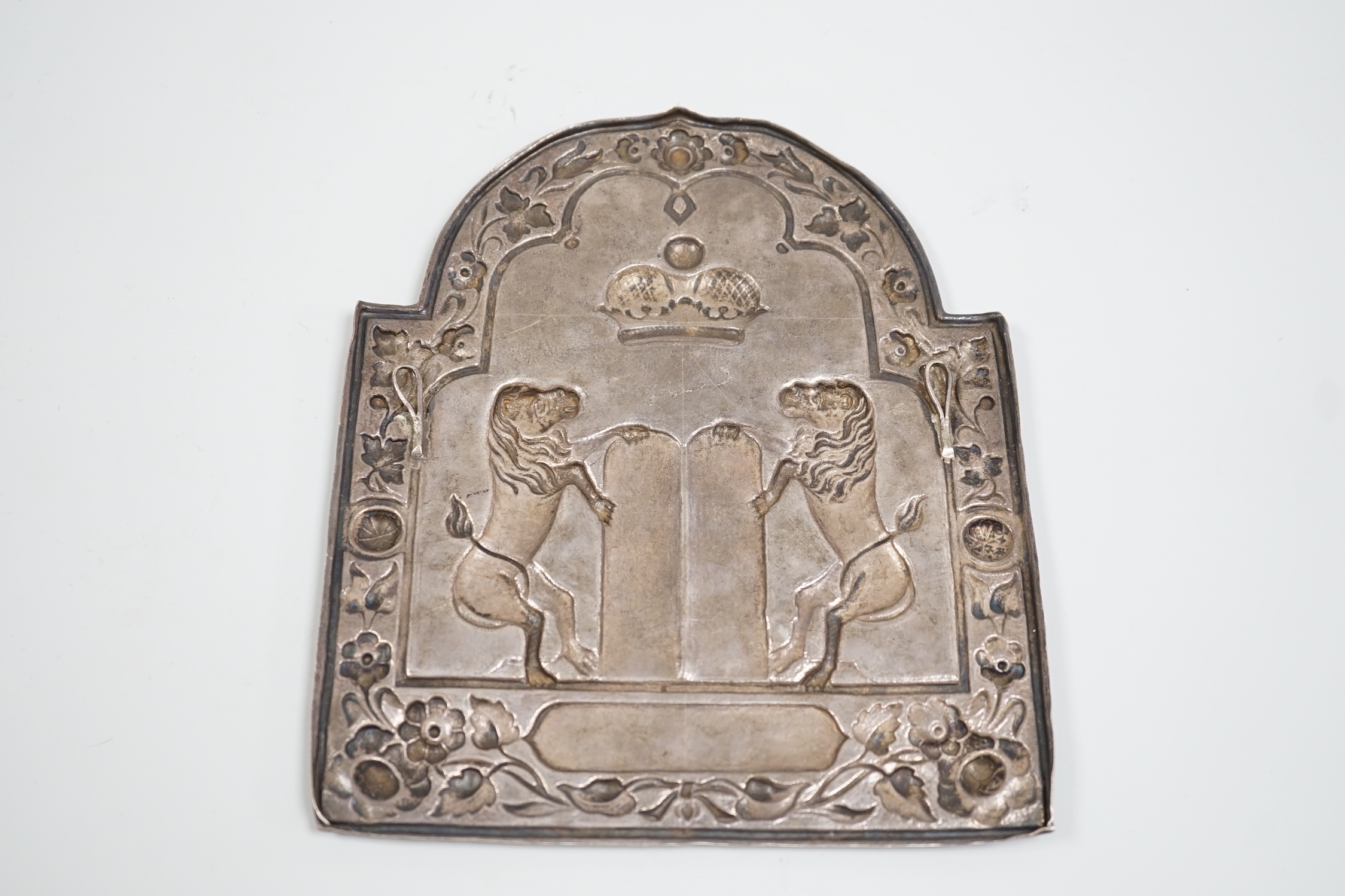 Judaica- A late 19th century Russian 84 zolotnik Torah breastplate, with embossed foliate border, Moscow, 1875, 22.5cm, 8.3 oz.